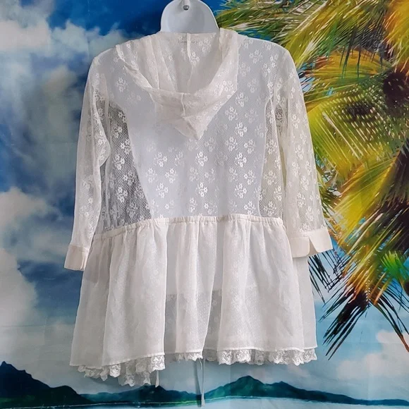 Korirl trim lace hooded Cover up Kimono women's size L - Picture 2 of 5